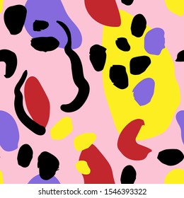 Abstract spots and lines, shapes and brush stroke vector pattern. Yellow, red, blue, pink, black colors.