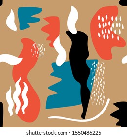 Abstract spots and lines, shapes and brush stroke, mess dots vector pattern. Brown background.