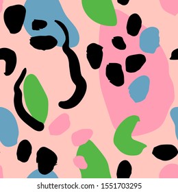Abstract spots and lines, shapes and brush stroke vector pattern. Blue, beige, green, pink, black colors.