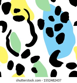 Abstract spots and lines, shapes and brush stroke vector pattern. Yellow, blue, green, black and white colors.