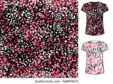 Abstract spots seamless pattern, good for textile and paper print, card, poster, another design. Paint blots vector illustration. Simple messy ornament presented on t-shirt template