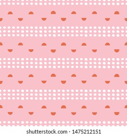 Abstract spots and semi circles geometric seamless pattern in pink, orange and white. Modern vector repeat design.
