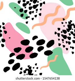 Abstract spots, shapes and brush stroke vector pattern. Pink, orange, mint, black and white.