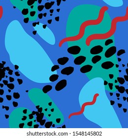 Abstract spots, shapes and brush stroke vector pattern. Red, blue, black and mint.