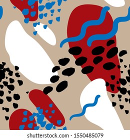 Abstract spots, shapes and brush stroke vector pattern. Blue, brown, black and red.