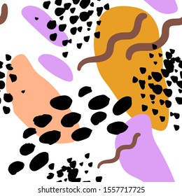 Abstract spots, shapes and brush stroke vector pattern. Lilac, brown, peachy, orange, black and white colors.