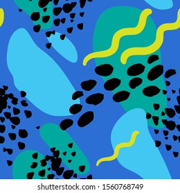 Abstract spots, shapes and brush stroke vector pattern. Yellow, blue, black and mint.