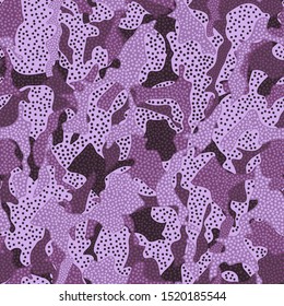 Abstract spotted bright vector seamless pattern. Different brightness purple dotted spots on lilac colored background. Template for design, textile, wallpaper, wrapping, carton, banner.