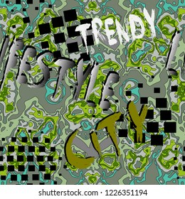 Abstract spotted camouflage seamless text pattern. Vector abc wallpaper. Patterned spotted background. Drawing text. Green colors textured repeating modern design. Trendy. Lifestyle. City. Words.