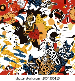Abstract spotted childish pattern with hearts, frogs, dinosaurs, tirex.