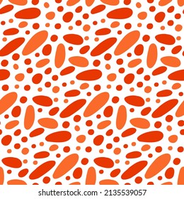 Abstract spotted pattern with handwritten orange blots on white background. Seamless mottled print for modern design cases, covers, stationery, fabrics. Hand drawn red circles. Round stones, oval dots