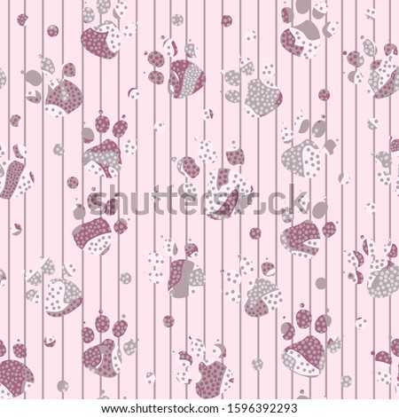 Abstract spotted purple and gray cat or dog footprints on pink striped background. Cute Animal paws vector seamless pattern. Template for design for kids, textile, wallpaper, wrapping, cover.