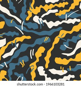 abstract spotted seamless pattern. overlapping azure, yellow, beige curved stripes with jagged edges are randomly arranged against a black background. vector
