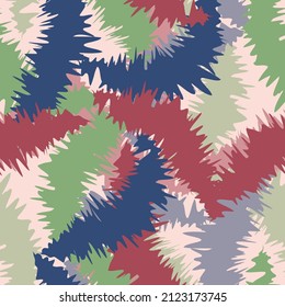 Abstract spotted seamless pattern in vibrant colors. Abstract multi-colored shapes with ragged edges randomly overlap each other and form a spotted surface. Vector. 