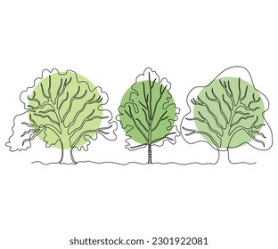abstract sprawling branching three trees in a row, a forest of oak and birch Continuous One Line Drawing