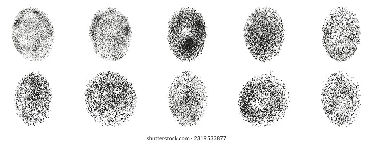 Abstract Spray Texture Set. Circle Grunge Effect, Retro Round Black Noise. Stain Splatter, Dotwork Background. Vintage Circular Grain. Isolated Vector Illustration.