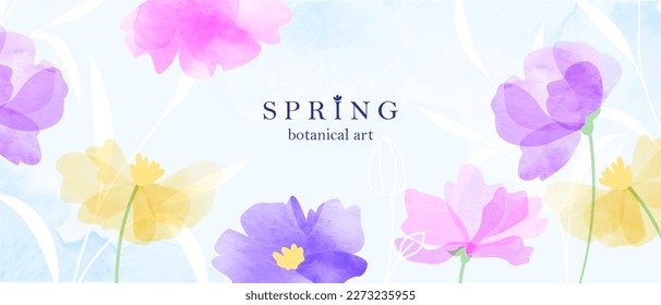 Abstract spring art vector background. Botanical watercolor design. Field flowers, plants, leaves.