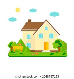 Abstract spring background with cozy home, house, cottage, trees, flowers, bench. Modern building for rent or sale.  Flat design urban landscape.