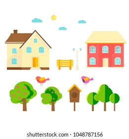 Abstract spring background with cozy home, house, cottage, trees, flowers, bench, birdhouse. Modern building for rent or sale.  Flat design urban landscape.