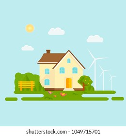 Abstract spring background with cozy home, house, cottage, trees, flowers, bench. Modern building for rent or sale.  Flat design urban landscape.