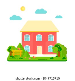 Abstract spring background with cozy home, house, cottage, trees, flowers, bench. Modern building for rent or sale.  Flat design urban landscape.