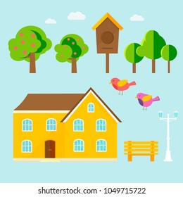 Abstract spring background with cozy home, house, cottage, trees, flowers, bench, birdhouse. Modern building for rent or sale.  Flat design urban landscape.