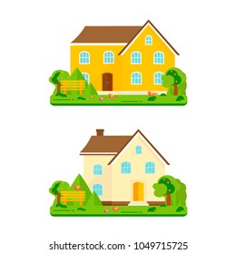 Abstract spring background with cozy home, house, cottage, trees, flowers, bench. Modern building for rent or sale.  Flat design urban landscape.
