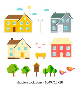 Abstract spring background with cozy home, house, cottage, trees, flowers, bench, birdhouse. Modern building for rent or sale.  Flat design urban landscape.