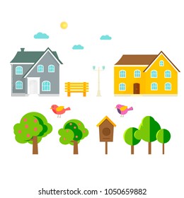 Abstract spring background with cozy home, house, cottage, trees, flowers, bench, birdhouse. Modern building for rent or sale.  Flat design urban landscape.