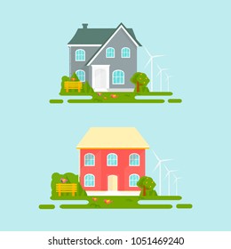 Abstract spring background with cozy home, house, cottage, with trees, flowers, bench. Modern building for rent or sale.  Flat design urban landscape.