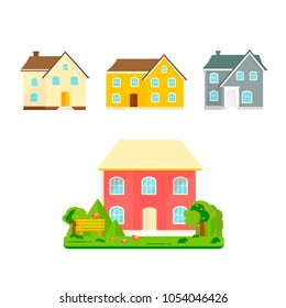 Abstract spring background with cozy home, house, cottage, with trees, flowers, bench. Modern building for rent or sale.  Flat design urban landscape.