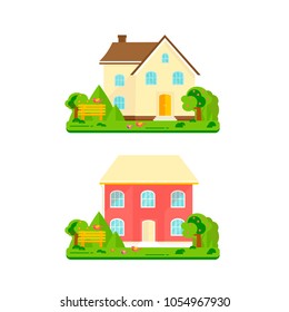 Abstract spring background with cozy home, house, cottage, trees, flowers, bench. Modern building for rent or sale.  Flat design urban landscape.
