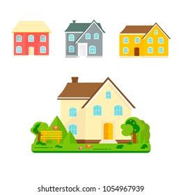 Abstract spring background with cozy home, house, cottage, with trees, flowers, bench. Modern building for rent or sale.  Flat design urban landscape.