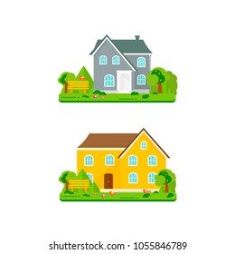 Abstract spring background with cozy home, house, cottage, trees, flowers, bench. Modern building for rent or sale.  Flat design urban landscape.