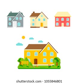 Abstract spring background with cozy home, house, cottage, with trees, flowers, bench. Modern building for rent or sale.  Flat design urban landscape.