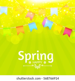 Abstract Spring Background with Flag Garland, Bokeh and Burst. Vector illustration