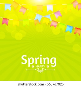 Abstract Spring Background with Flag Garland, Bokeh and Burst. Vector illustration