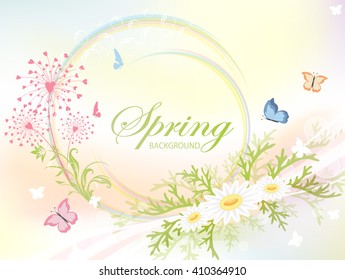 Abstract spring background with flowers and flying butterflies, illustration.