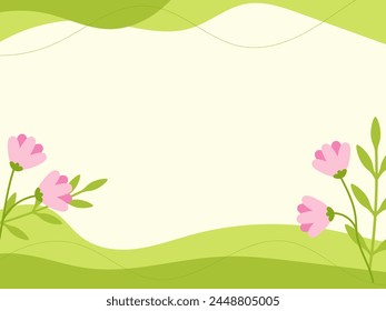 Abstrakter Frühlingshintergrund mit Blumen. Handgezeichnete grüne Vorlage mit Textabstand. Moderne flache Vektorillustration