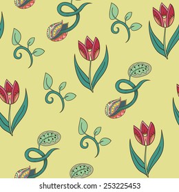 Abstract spring background with flowers. Seamless texture with flowers and sprouts.