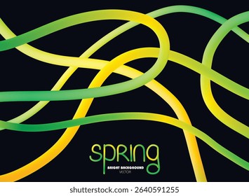 Abstract spring background with gradient lines. Vibrant 3D vector waves and swirls on black background. Rainbow ribbons and wavy graphic elements with place for text. Modern template design.	

