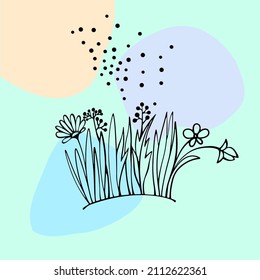 Abstract spring background with grass, leaves and flowers in hand drawn sketch style. Line art. Ink drawing.