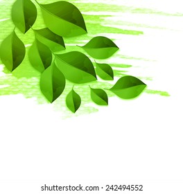 Abstract spring background with green leaves and watercolor