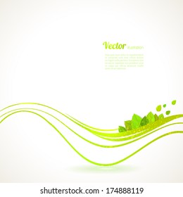 Abstract spring background with leaves and lines. Vector illustration.