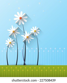 Abstract spring background with paper flowers. Flat design style on green background with space for design