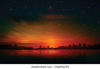 abstract spring background with red sunset and panorama of London