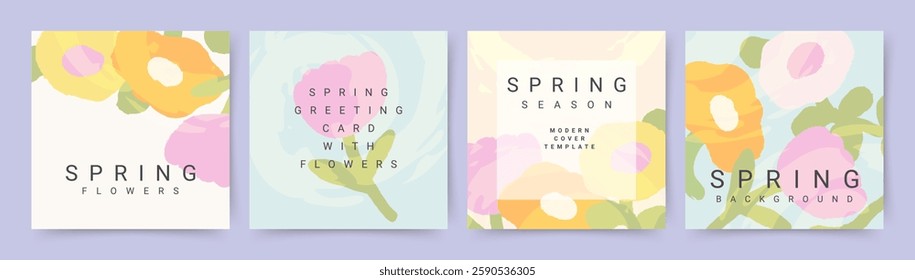 Abstract spring background set with a pattern of flowers and leaves. Trendy vector illustration for Mother's Day, Women's Day March 8, birthday, Easter for social media post, cover, card, advertising