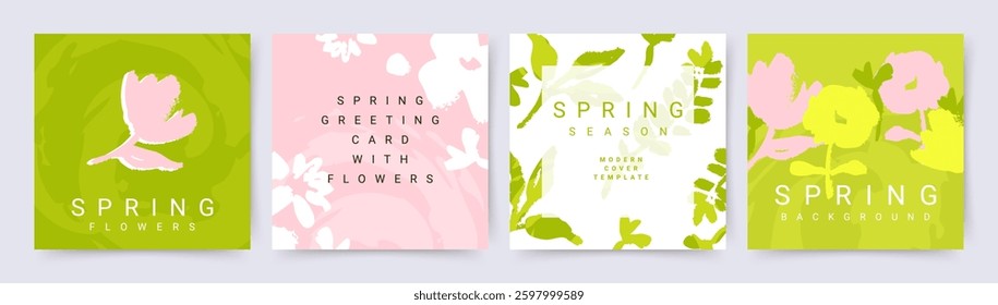 Abstract spring background set with a pattern of flowers and leaves. Trendy vector illustration for Mother's Day, Women's Day March 8, birthday, Easter for social media post, cover, card, advertising