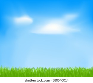 Abstract spring background with sky, clouds, green grass. Vector template for Your design