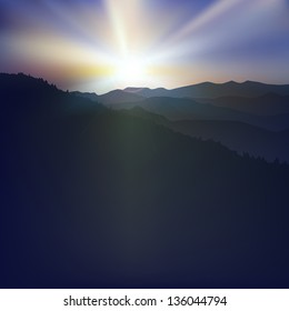abstract spring background with sunset and mountains